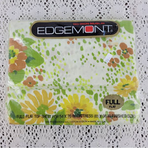 Vintage 70s Edgemont Full Flat Groovy Floral Flowers Green Yellow Sheets NEW NOS